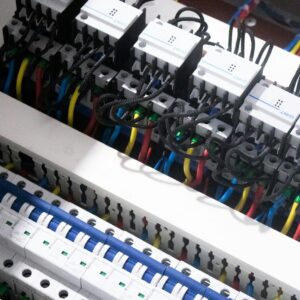 a bunch of wires are plugged into a switch box